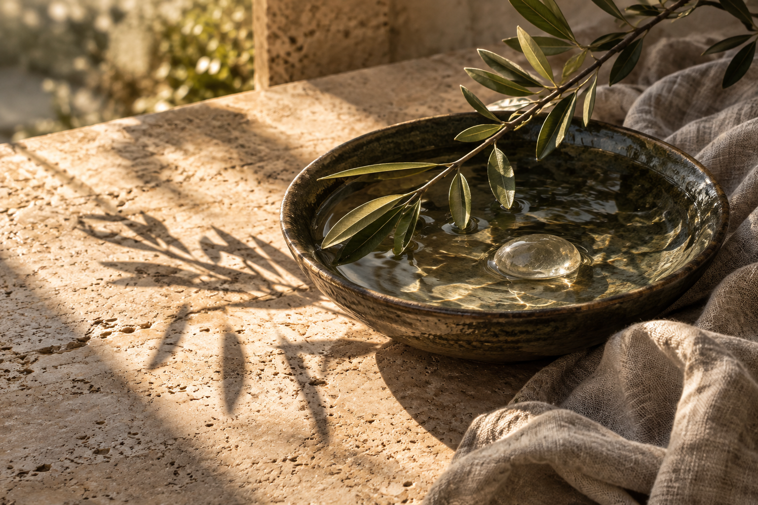 Soft linen and olive ceramic in the evening light